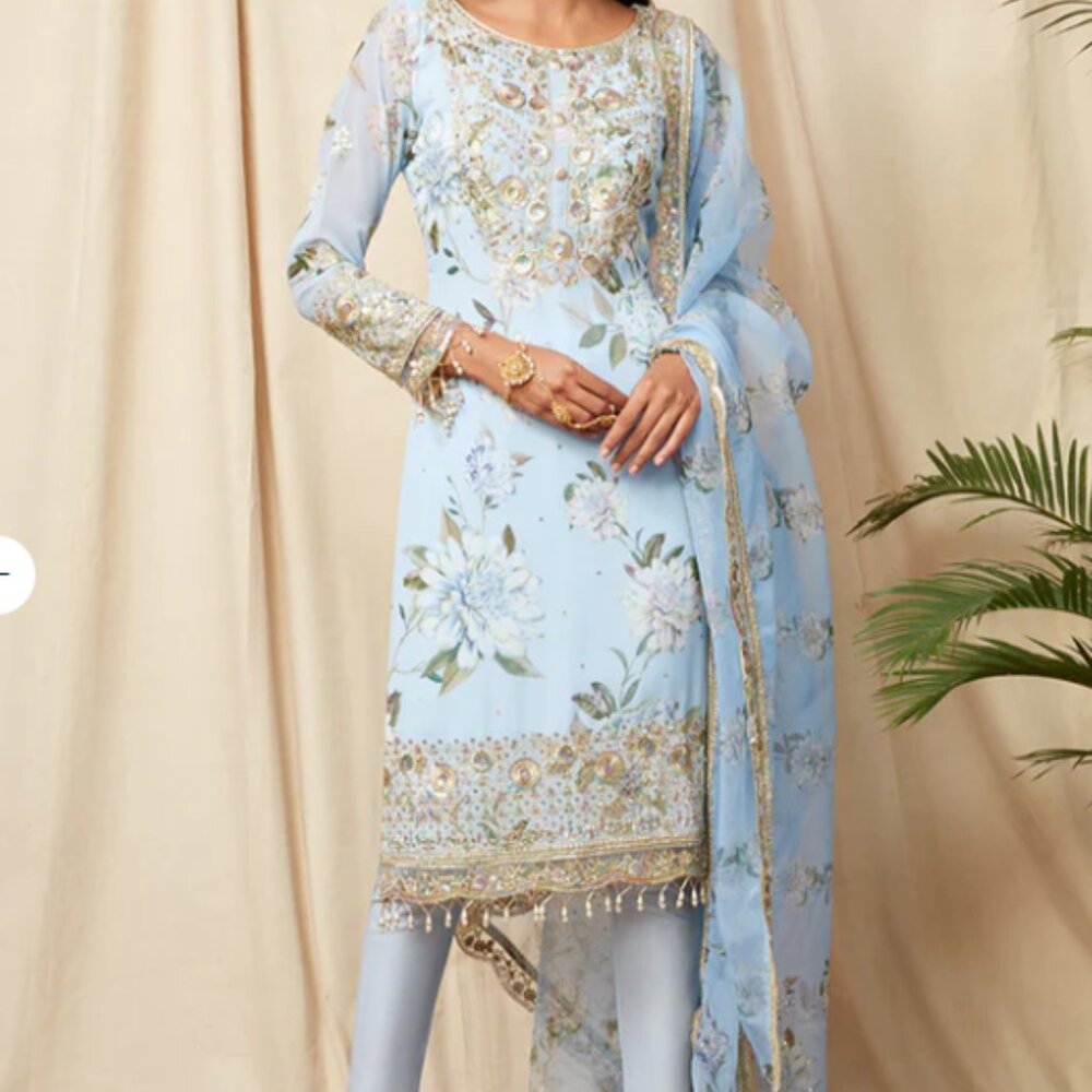 Elegant Light Blue Floral Embroidered Women Salwar Set